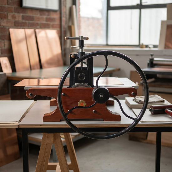 Copper Plate Printing Press with a polished copper plate ready for accurate image transfer.